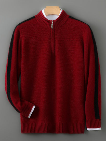 Sweat-shirt homme – Laine – Coupe classique – Demi-zip – Col et poignets côtelés