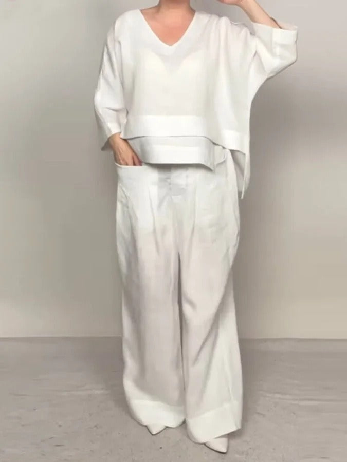 Ensemble Femme Décontracté – Haut V Col Oversize – Pantalon Large Taille Haute – Coton Lin