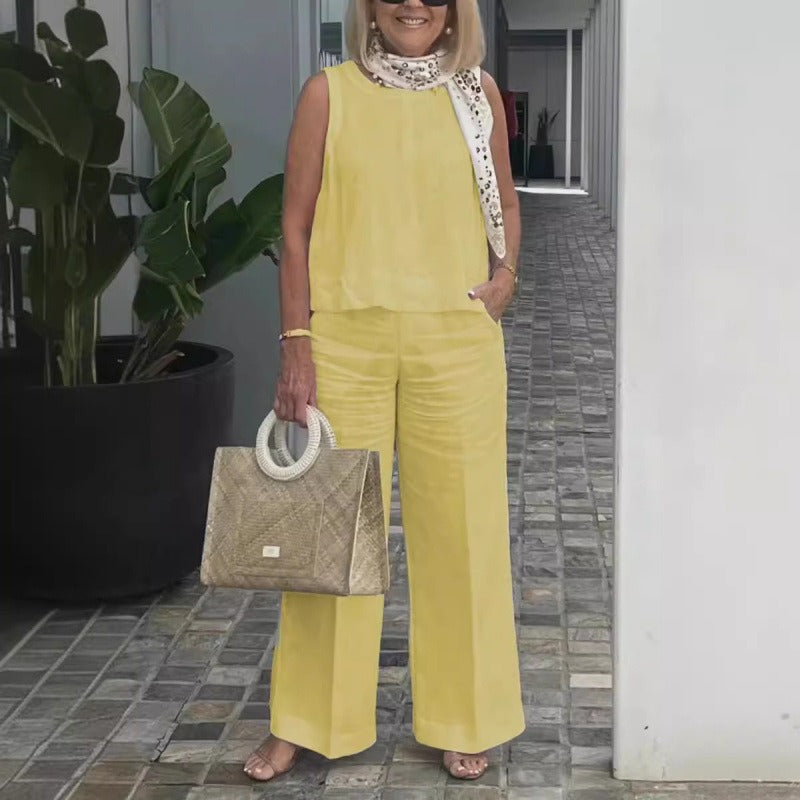 Ensemble Femme Débardeur et Pantalon – Coupe Ample – Lin et Coton – Jambe Large