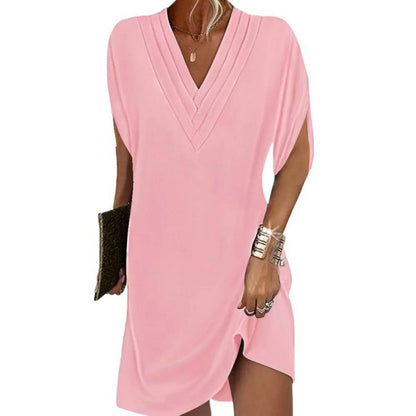 Robe mini femme – Col V plissé – Manches chauve-souris – Coupe fluide légère