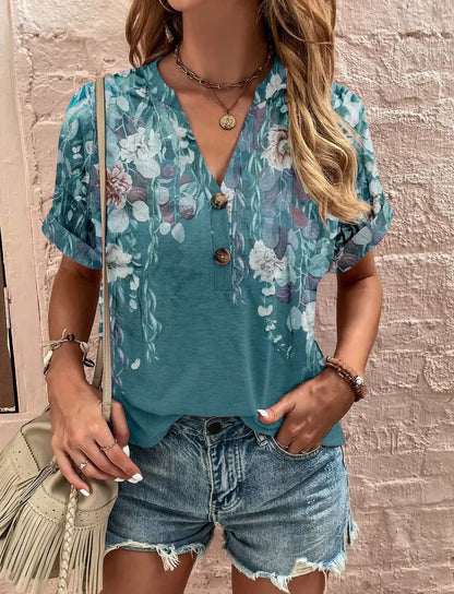 Chemise femme – Coupe décontractée – Manches courtes – Col en V boutonné – Motif floral et cachemire – Tissu léger respirant