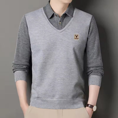 Sweatshirt homme – Coupe slim – Maille douce – Col V superposé – Manches à carreaux