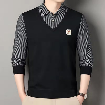 Sweatshirt homme – Coupe slim – Maille douce – Col V superposé – Manches à carreaux