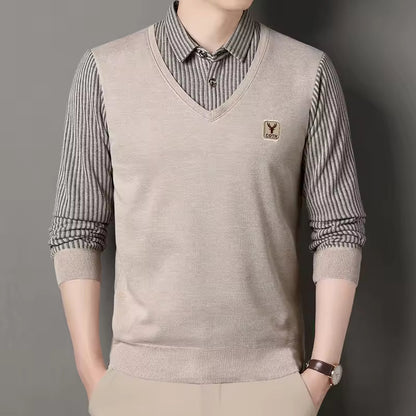 Sweatshirt homme – Coupe slim – Maille douce – Col V superposé – Manches à carreaux