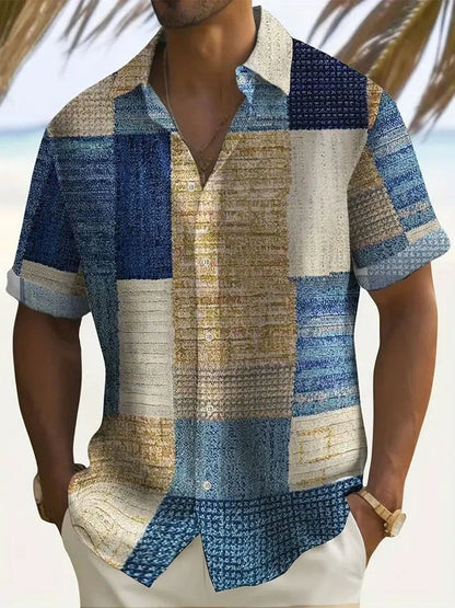 Chemise homme à manches courtes – Coupe décontractée – Patchwork – Coton lin léger