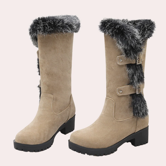 Bottes femme hauteur genou – Effet suédé – Bordure fausse fourrure – Semelle crantée – Coupe élégante