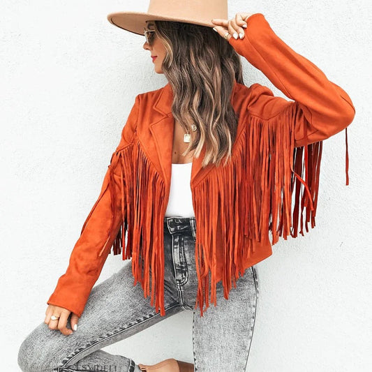 Veste femme – Cuir – Coupe ajustée décontractée – Détails à franges – Longueur hanches