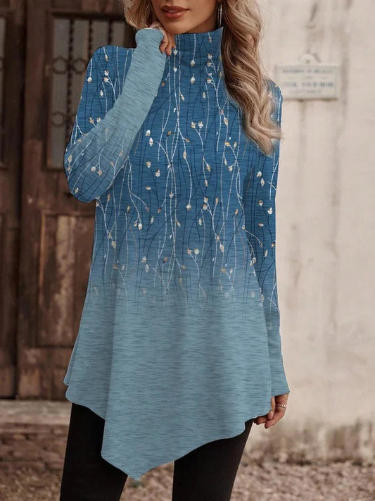 Blouse femme – Coupe décontractée – Col montant – Manches longues – Ourlet asymétrique