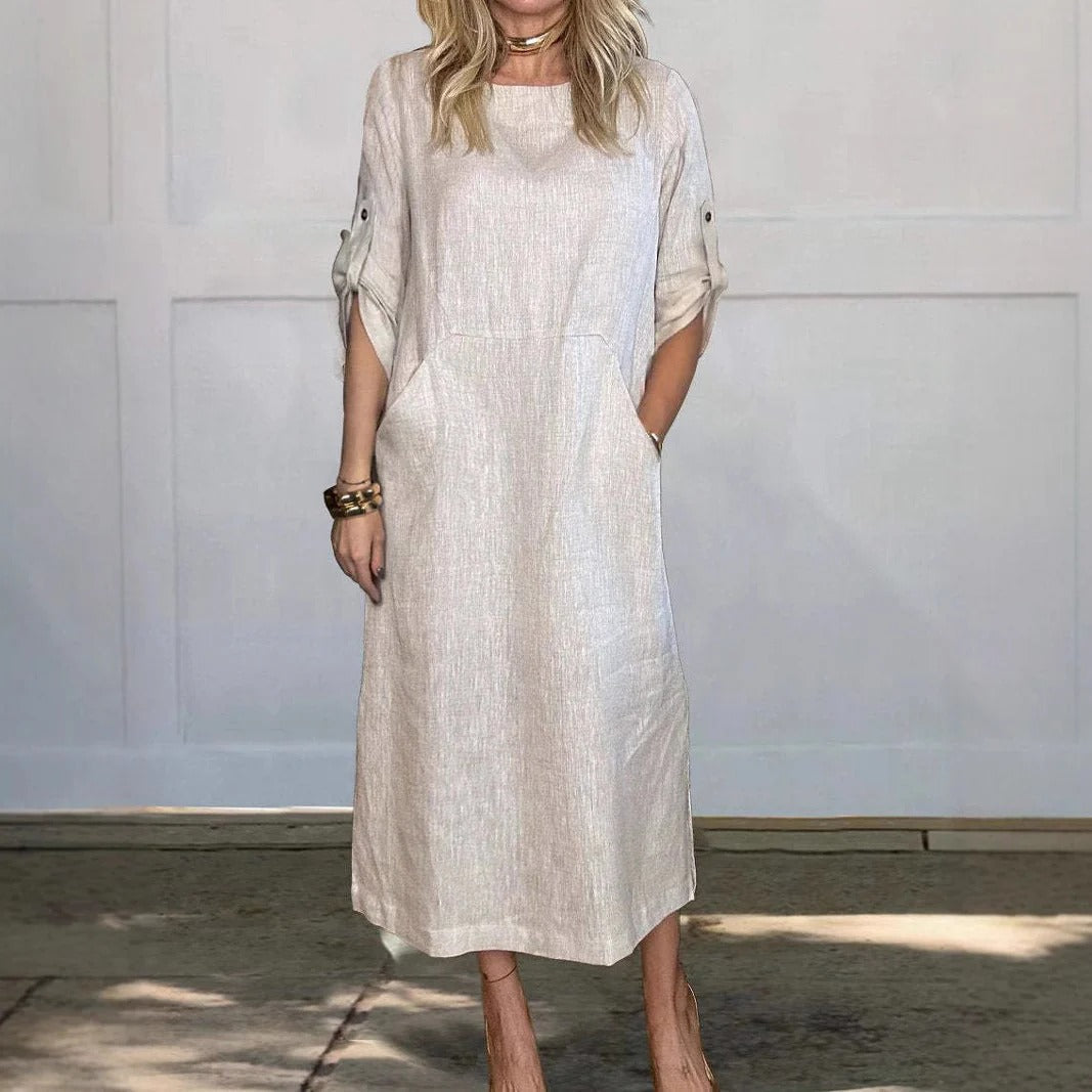 Robe midi femme – Coupe décontractée – Lin doux – Manches retroussables – Poches côtés