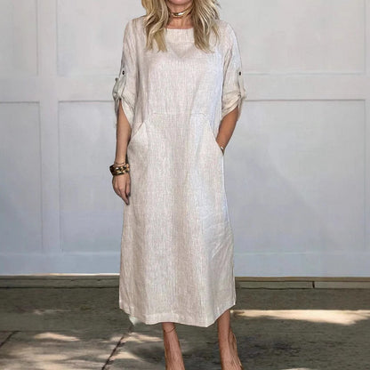 Robe midi femme – Coupe décontractée – Lin doux – Manches retroussables – Poches côtés