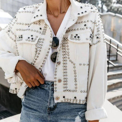 Veste femme courte – Style denim – Coupe décontractée – Clous décoratifs