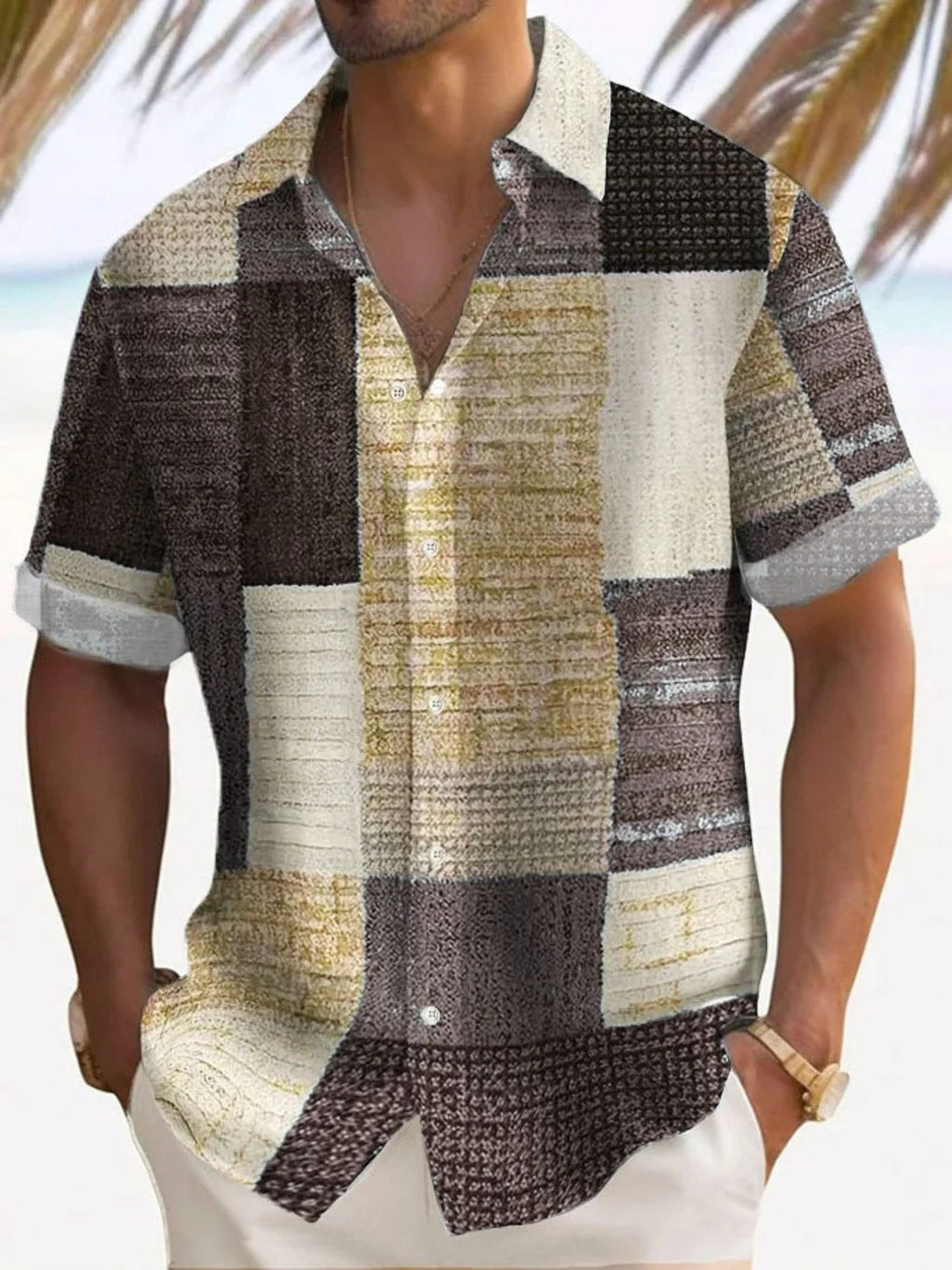 Chemise homme à manches courtes – Coupe décontractée – Patchwork – Coton lin léger