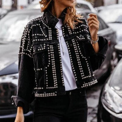 Veste femme courte – Style denim – Coupe décontractée – Clous décoratifs