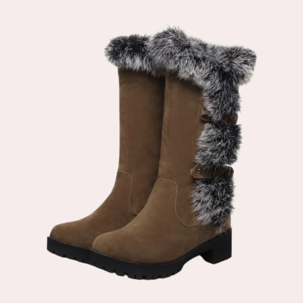 Bottes femme hauteur genou – Effet suédé – Bordure fausse fourrure – Semelle crantée – Coupe élégante