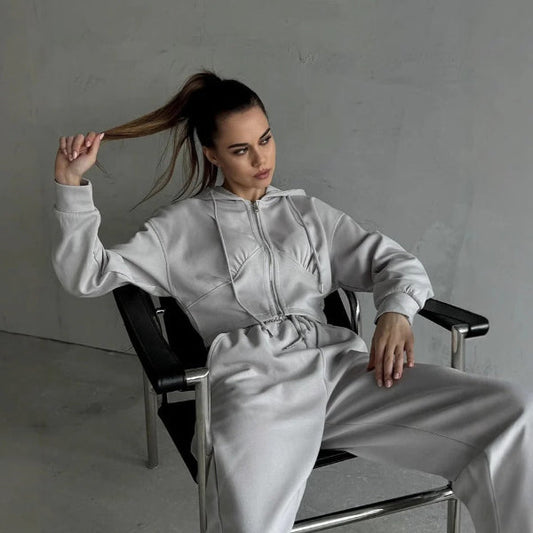Ensemble loungewear femme – Sweat zippé à capuche – Pantalon ample – Coton doux