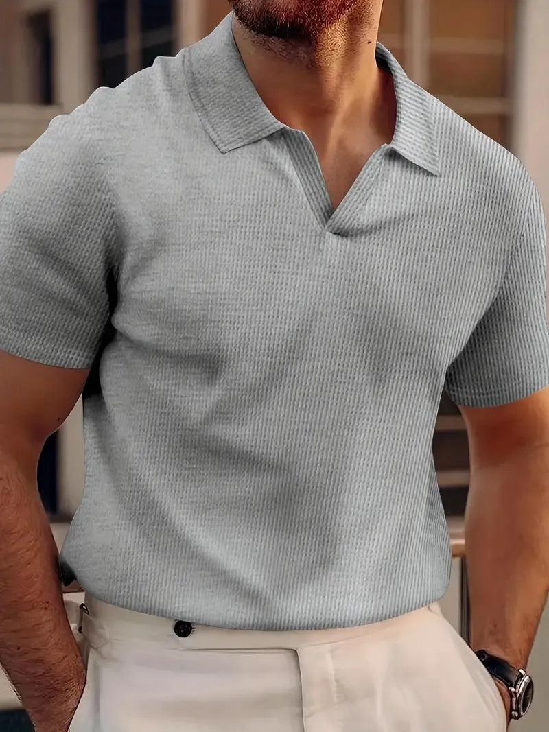 Polo homme – Coupe slim – Maille gaufrée – Col V – Manches courtes