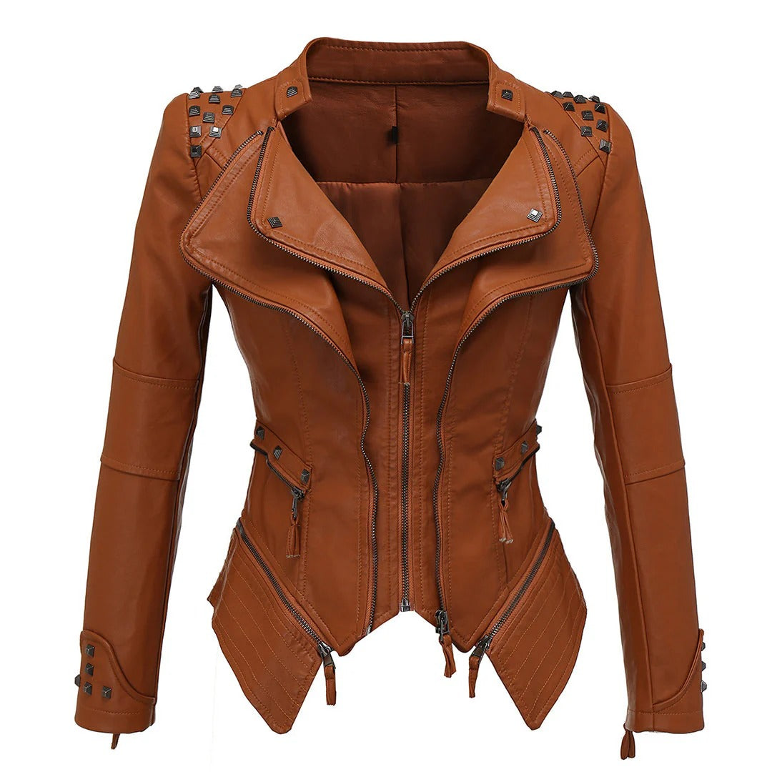 Veste biker femme – Coupe slim – Épaules cloutées – Fermeture zippée asymétrique