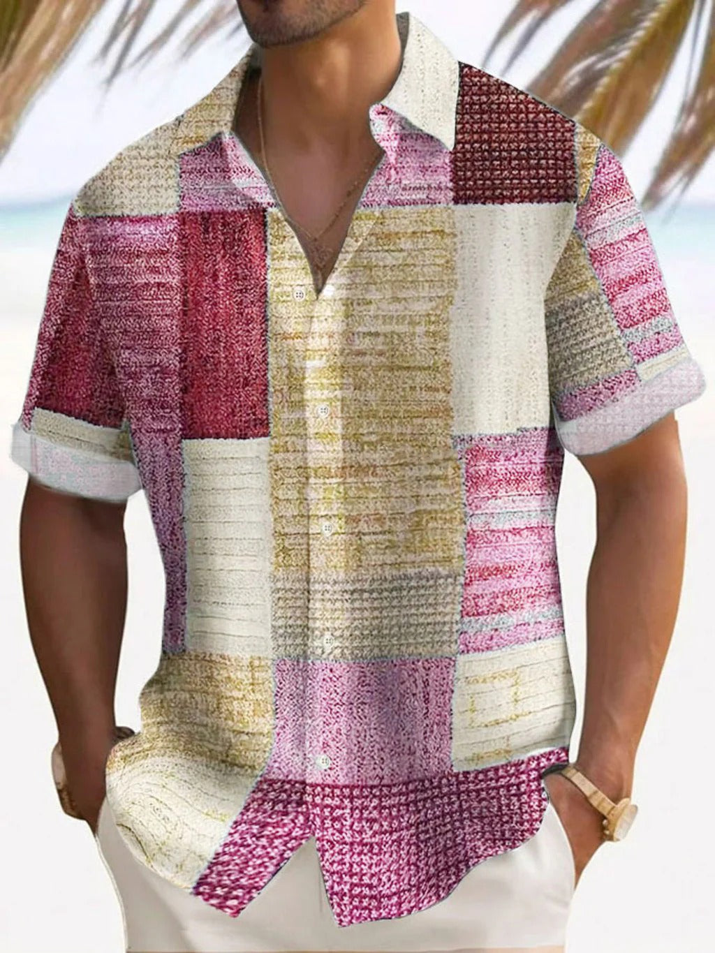 Chemise homme à manches courtes – Coupe décontractée – Patchwork – Coton lin léger