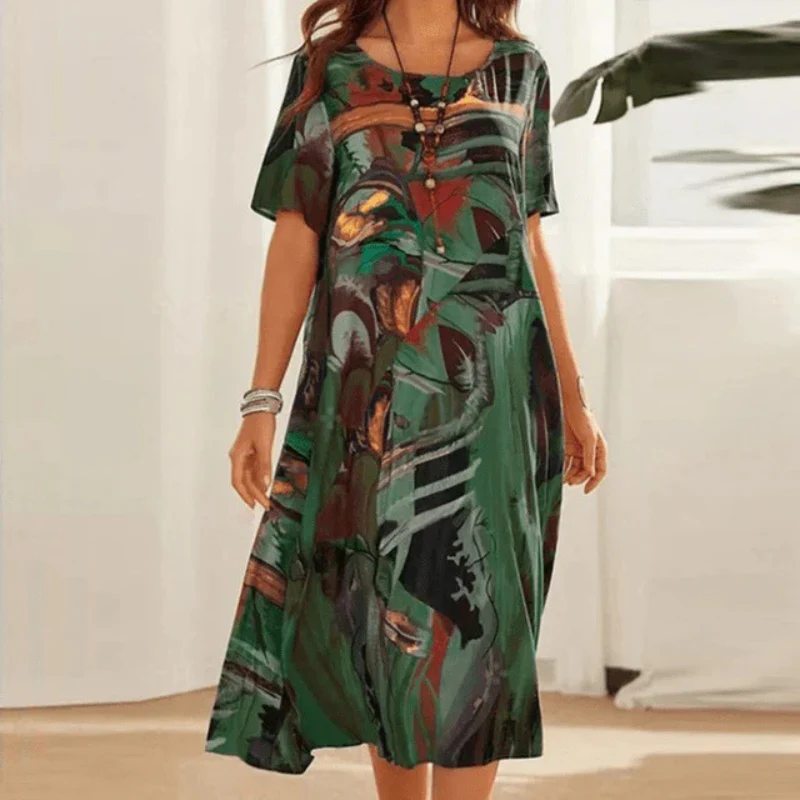 Robe midi femme – Coton léger – Coupe décontractée – Manches courtes – Imprimé abstrait