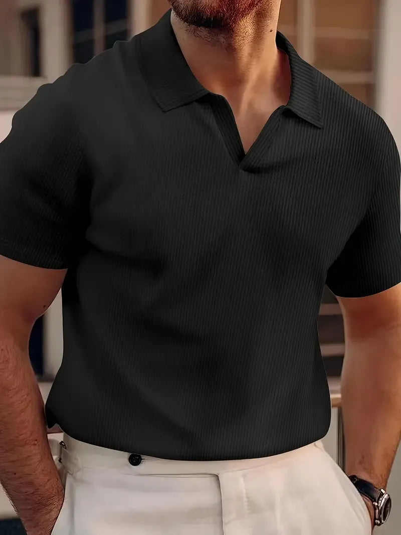 Polo homme – Coupe slim – Maille gaufrée – Col V – Manches courtes