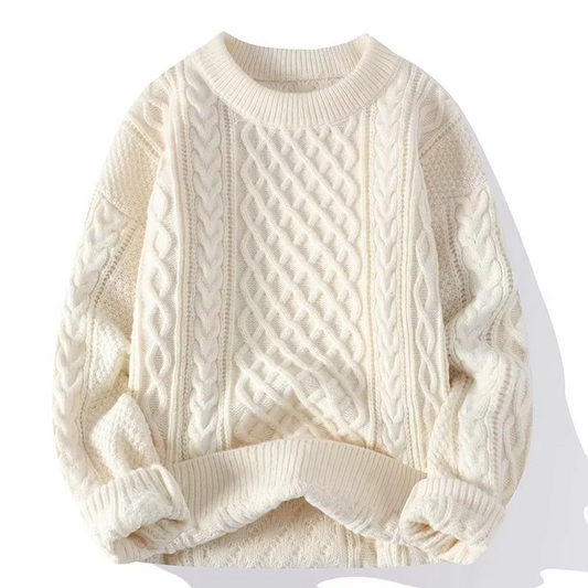 Pull femme – Maille torsadée – Coupe oversize – Col rond côtelé – Chaud en laine