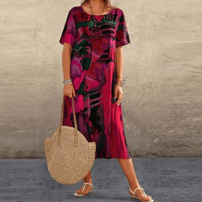 Robe midi femme – Coton léger – Coupe décontractée – Manches courtes – Imprimé abstrait