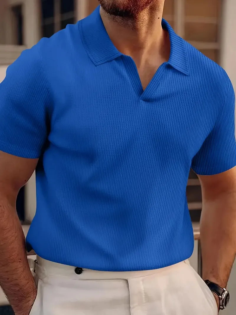 Polo homme – Coupe slim – Maille gaufrée – Col V – Manches courtes