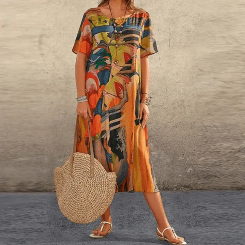 Robe midi femme – Coton léger – Coupe décontractée – Manches courtes – Imprimé abstrait