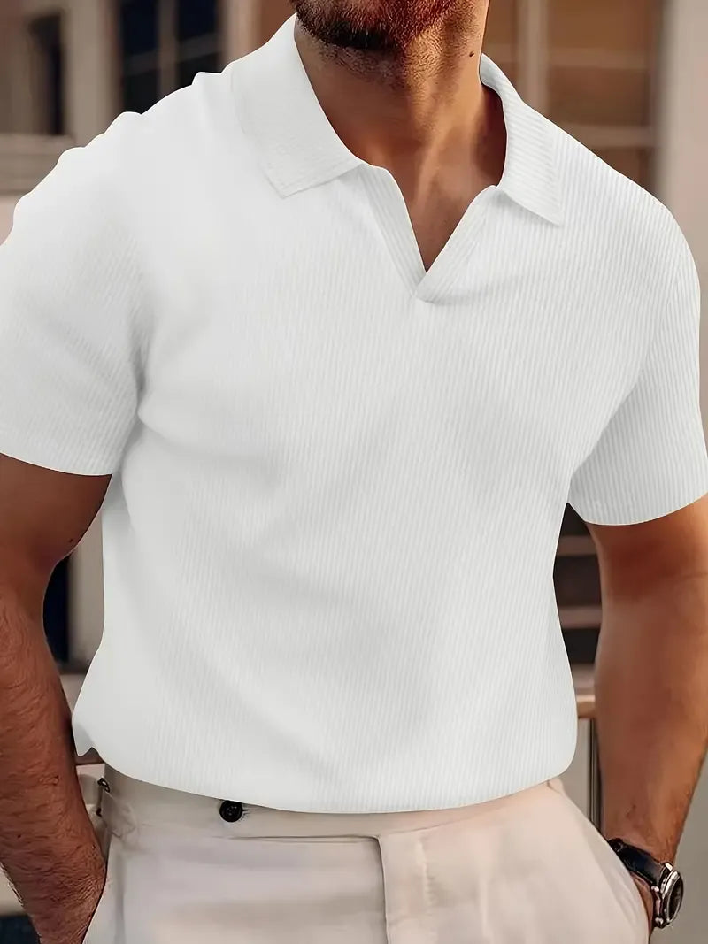 Polo homme – Coupe slim – Maille gaufrée – Col V – Manches courtes