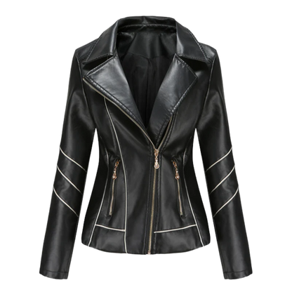 Veste en cuir femme – Coupe ajustée – Zip asymétrique – Col à revers – Style biker