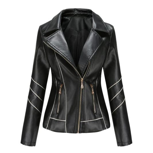 Veste en cuir femme – Coupe ajustée – Zip asymétrique – Col à revers – Style biker