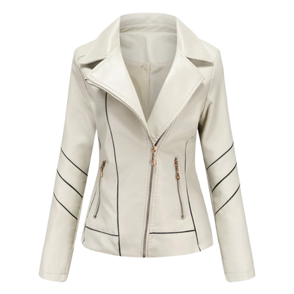 Veste en cuir femme – Coupe ajustée – Zip asymétrique – Col à revers – Style biker