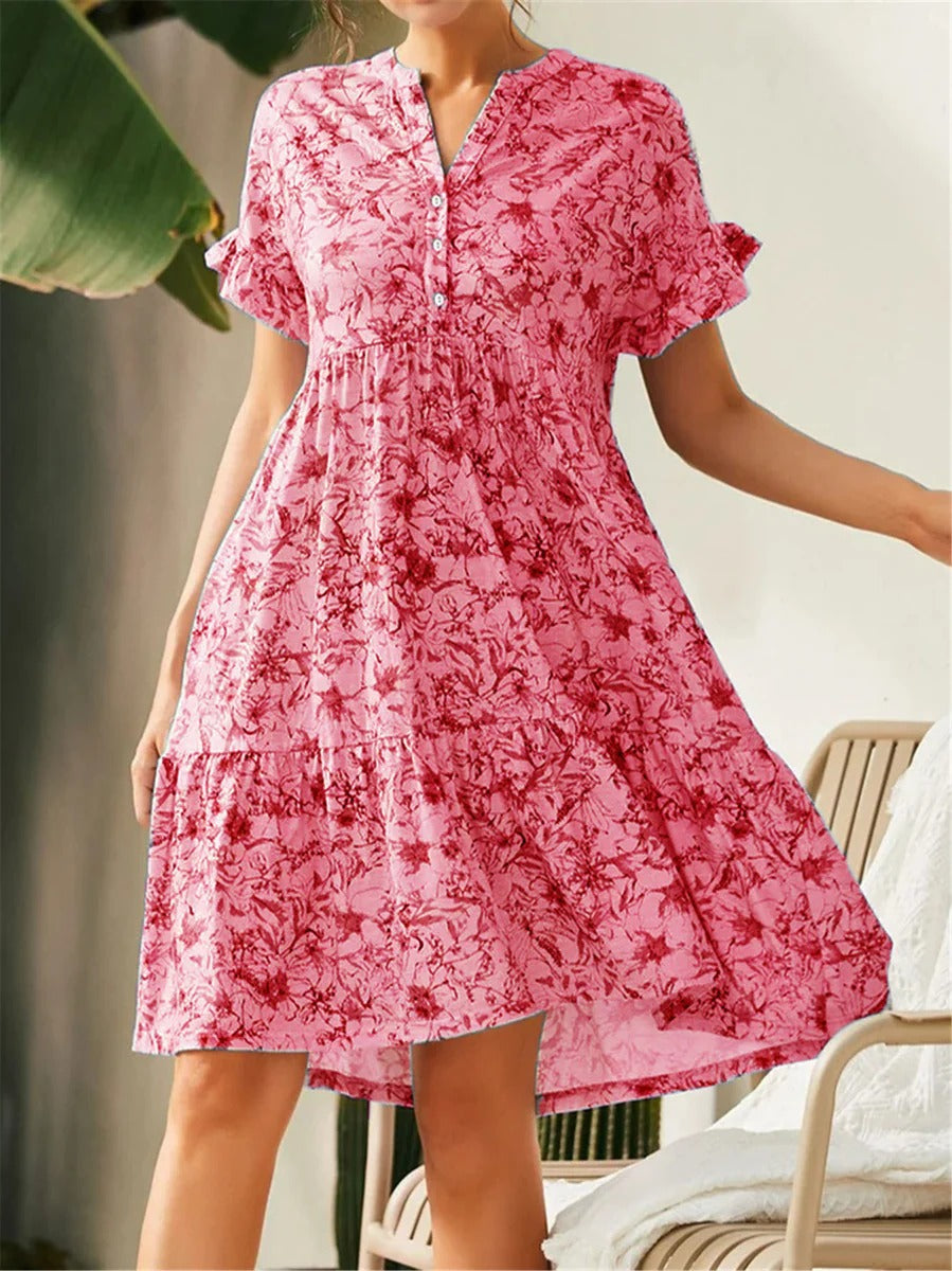 Robe Femme A-Ligne – Tissu Respirant – Imprimé Fleuri – Manches Volants – Col V
