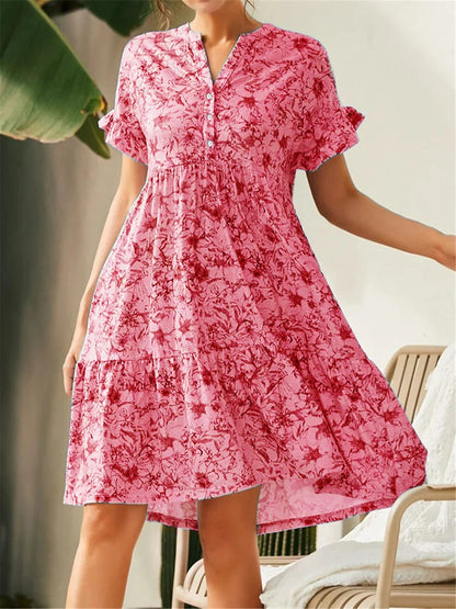 Robe Femme A-Ligne – Tissu Respirant – Imprimé Fleuri – Manches Volants – Col V