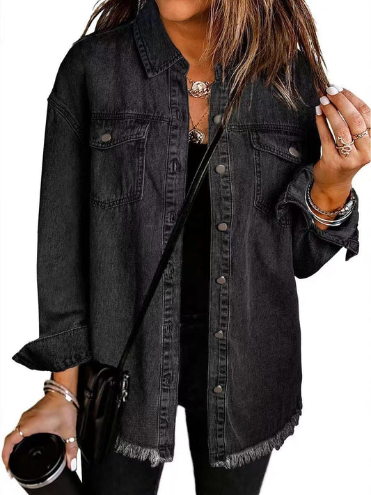 Veste en jean femme – Coupe décontractée – Ourlet effiloché – Boutons métalliques