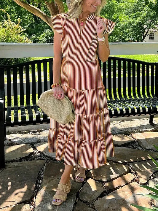 Robe midi femme – Coupe ample – Imprimé rayé – Manches volantes – Col en V – Coton