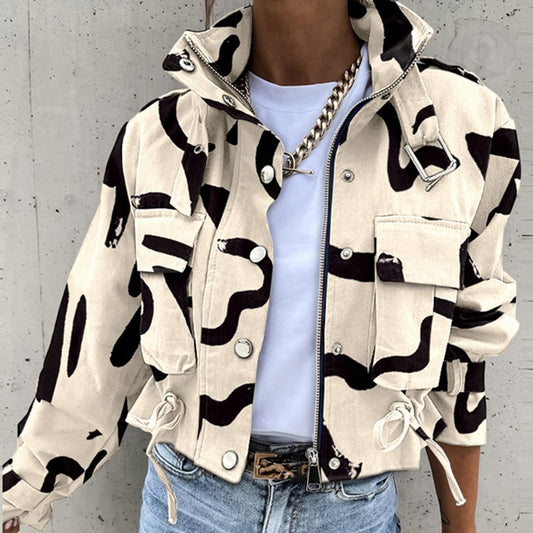 Veste courte femme – Coupe décontractée – Imprimé audacieux – Ourlet ajustable