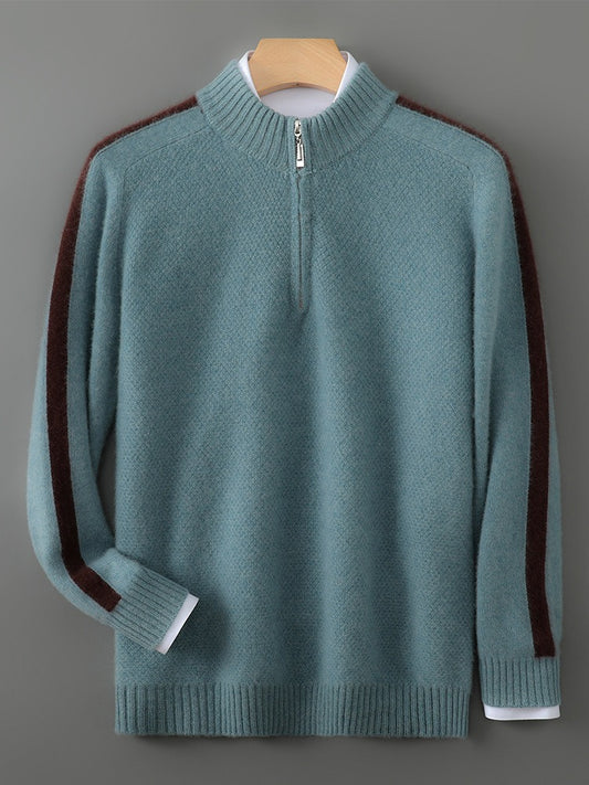 Sweat-shirt homme – Laine – Coupe classique – Demi-zip – Col et poignets côtelés