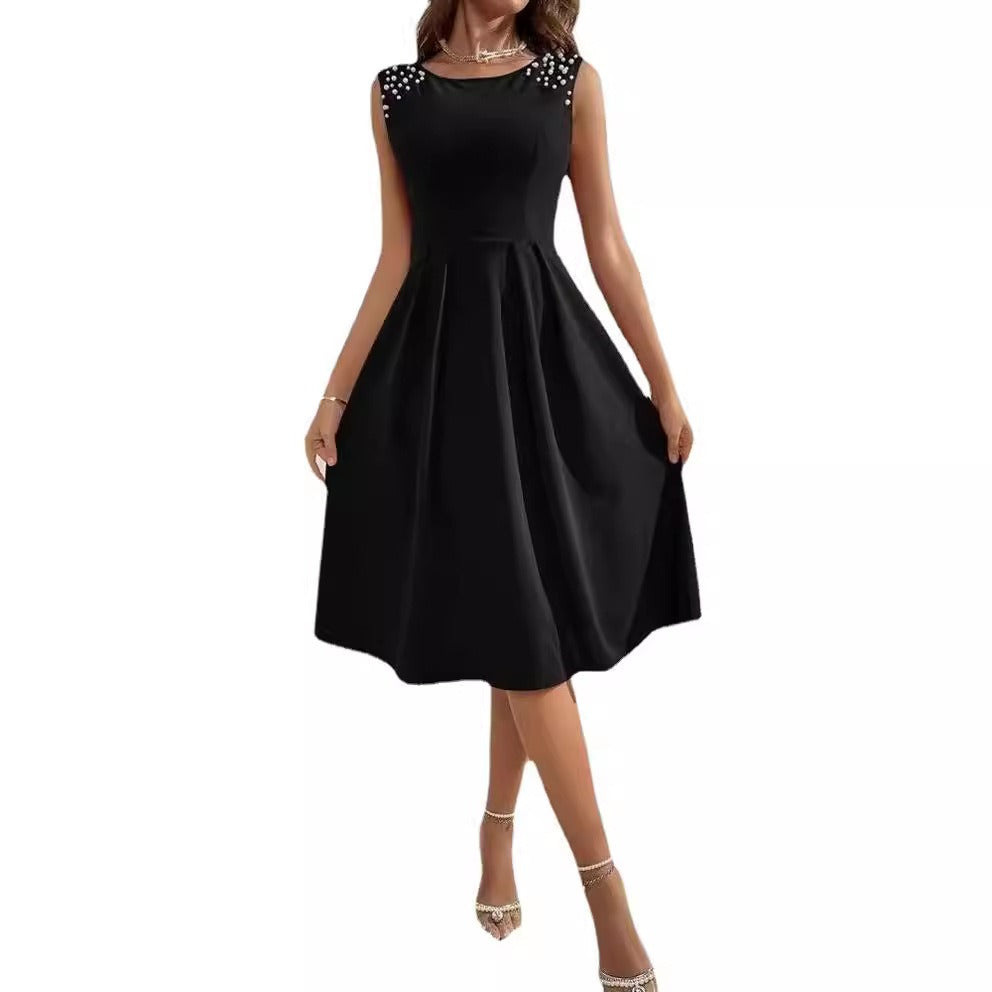 Robe midi femme – Taille ajustée – Épaule perlée – Sans manches fluide
