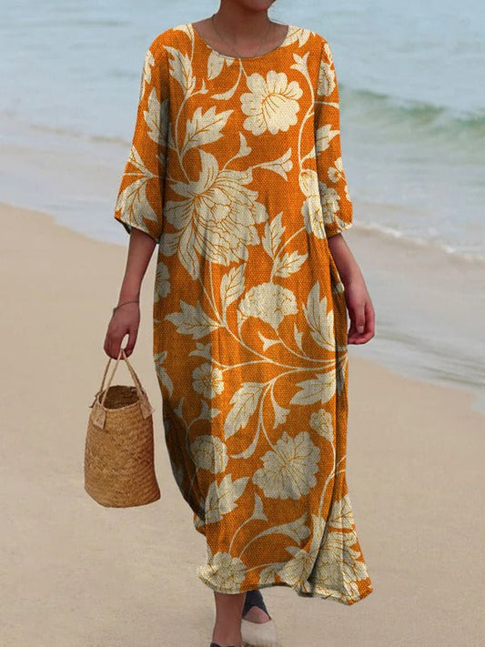 Robe midi femme – Coupe ample – Manches longues – Col rond – Imprimé fleuri rétro