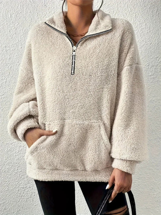 Sweatshirt femme – Coupe oversize – Molleton doux – Demi-zip – Col montant – Poche kangourou