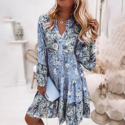 Robe mini femme – Coupe fluide – Manches longues – Motif patchwork – Col en V