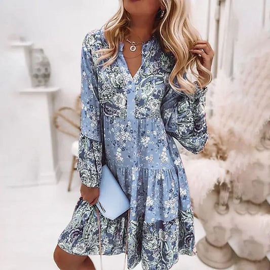 Robe mini femme – Coupe fluide – Manches longues – Motif patchwork – Col en V