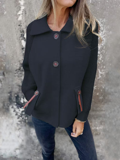 Veste femme – Coupe décontractée – Manches côtelées – Col large – Boutonnage devant