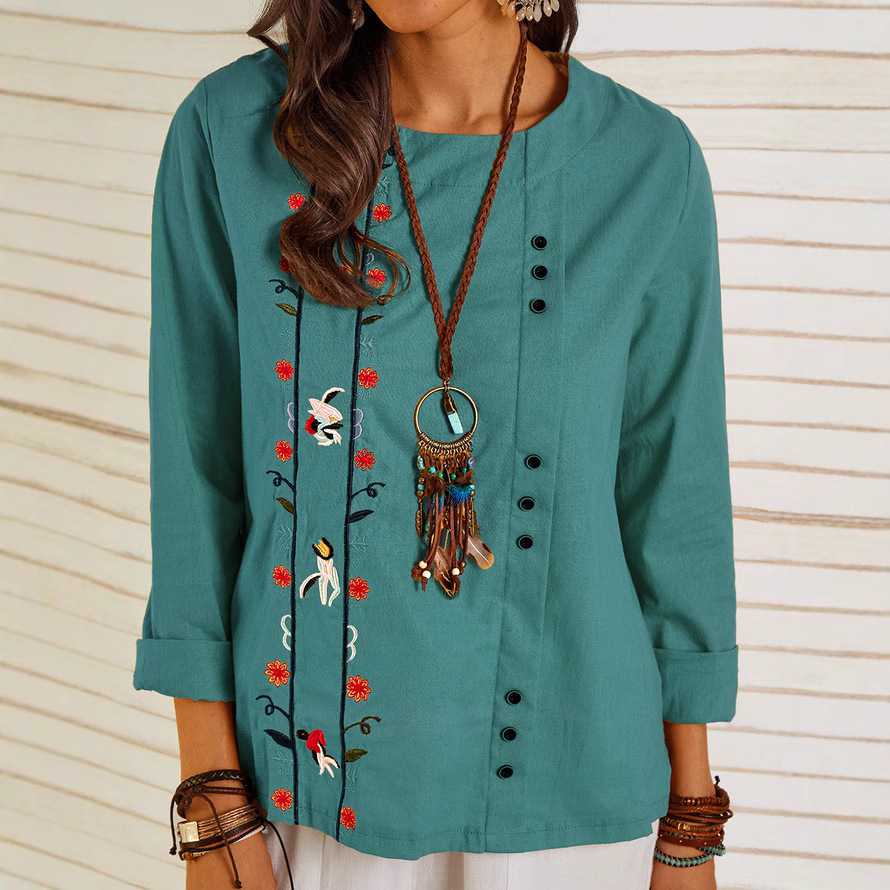 Blouse femme décontractée – Lin coton – Coupe ample – Manches 3/4 – Broderie florale