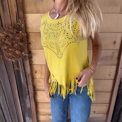 T-shirt femme – Coupe décontractée – Détail ajouré – Ourlet à franges – Toucher coton