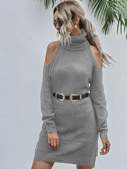 Robe pull femme – Coupe ajustée – Maille côtelée – Col roulé – Épaules ajourées – Ceinture