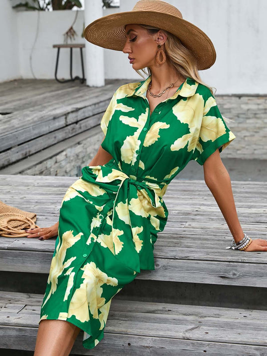 Robe Midi Femme – Coupe Décontractée – Ceinture Taille – Coton – Manches Courtes – Col Chemise – Boutonnée Devant – Imprimé