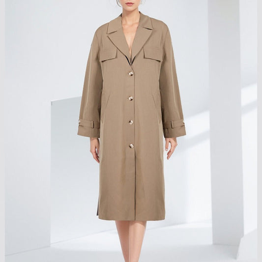 Manteau trench femme – Coupe oversize – Col V – Poches à rabat – Mi-long coton