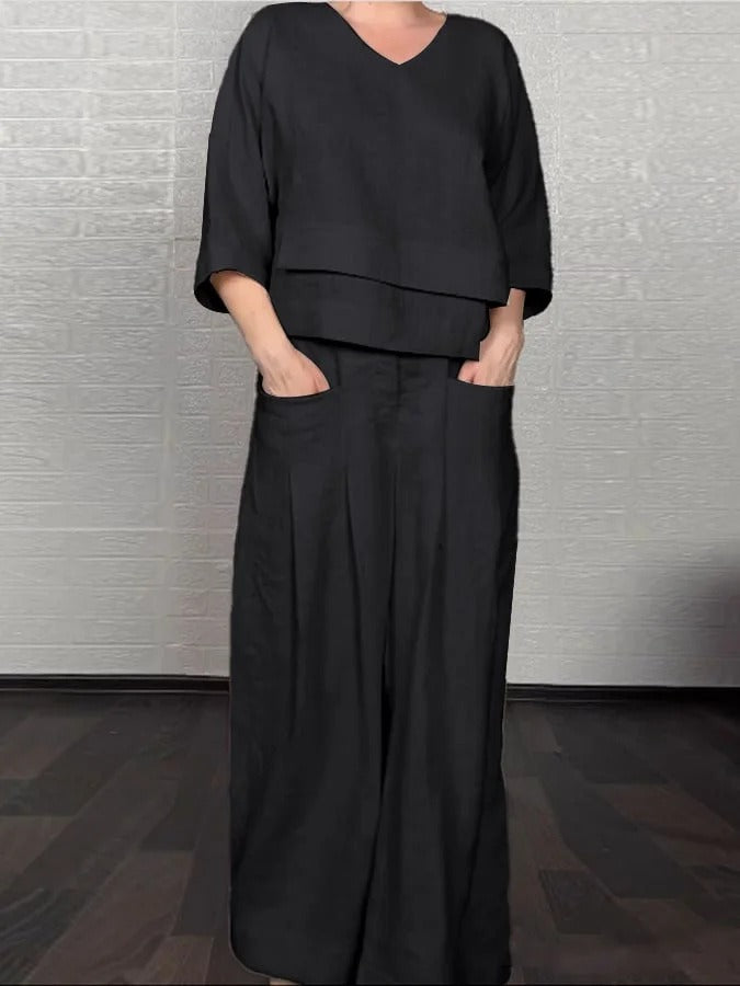 Ensemble Femme Décontracté – Haut V Col Oversize – Pantalon Large Taille Haute – Coton Lin